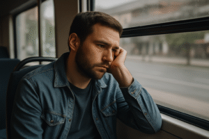 Homem cansado no transporte público olhando pela janela – representa a frustração e a rotina desgastante de quem sonha em sair do CLT.